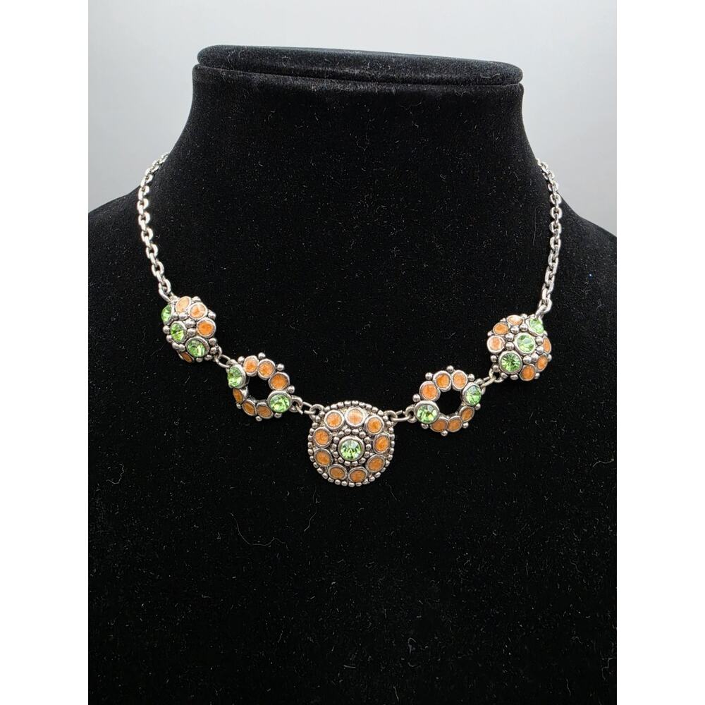 Vintage Green And Orange Floral Cluster Wreath Necklace Rhinestones And Enamel